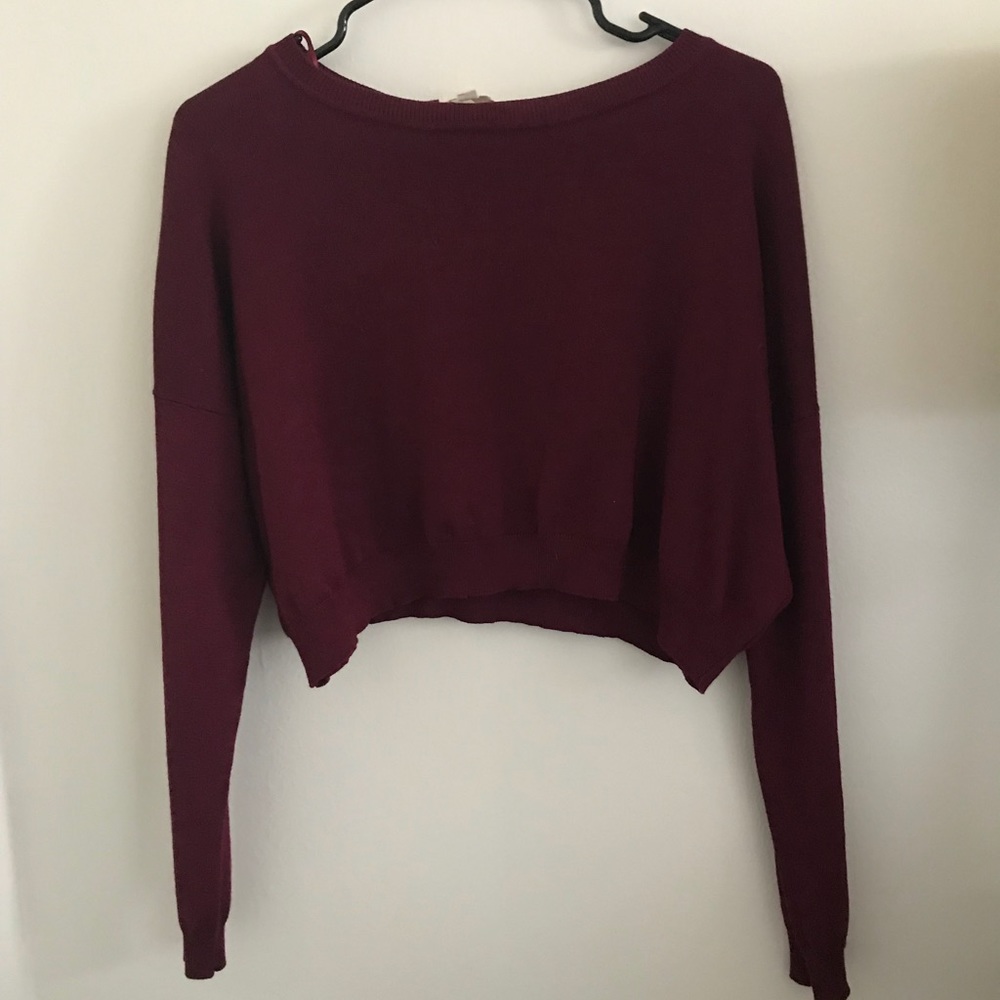 Burgundy long sleeve crop top.